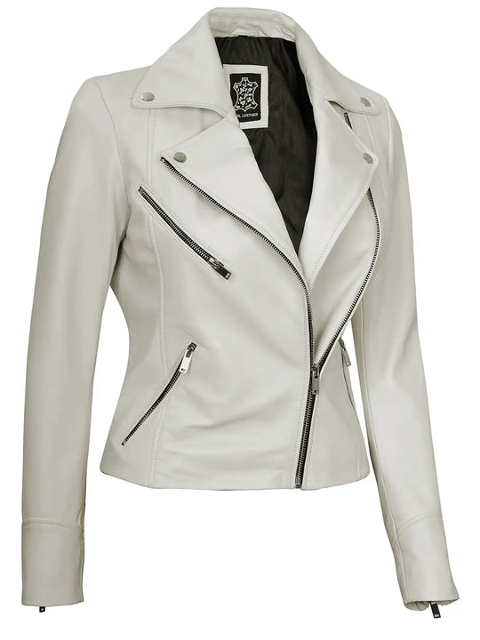 Women off white biker leather jacket