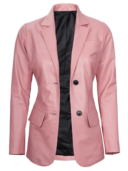 women pink leatther blazer