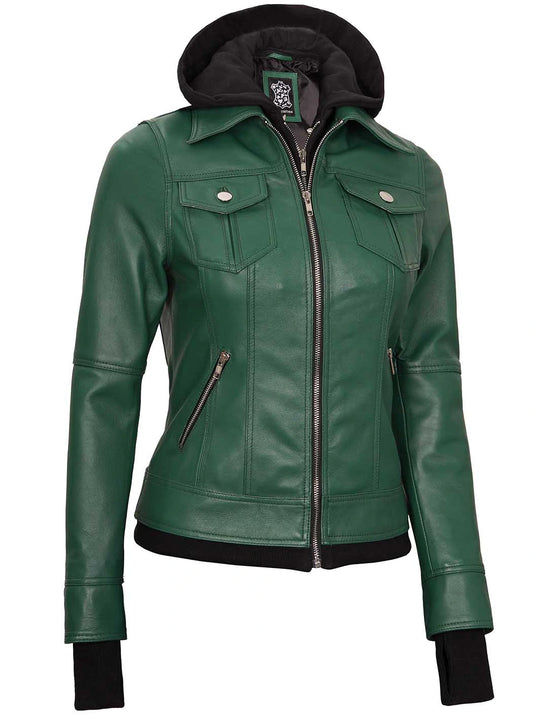 women real leather jacket with hood