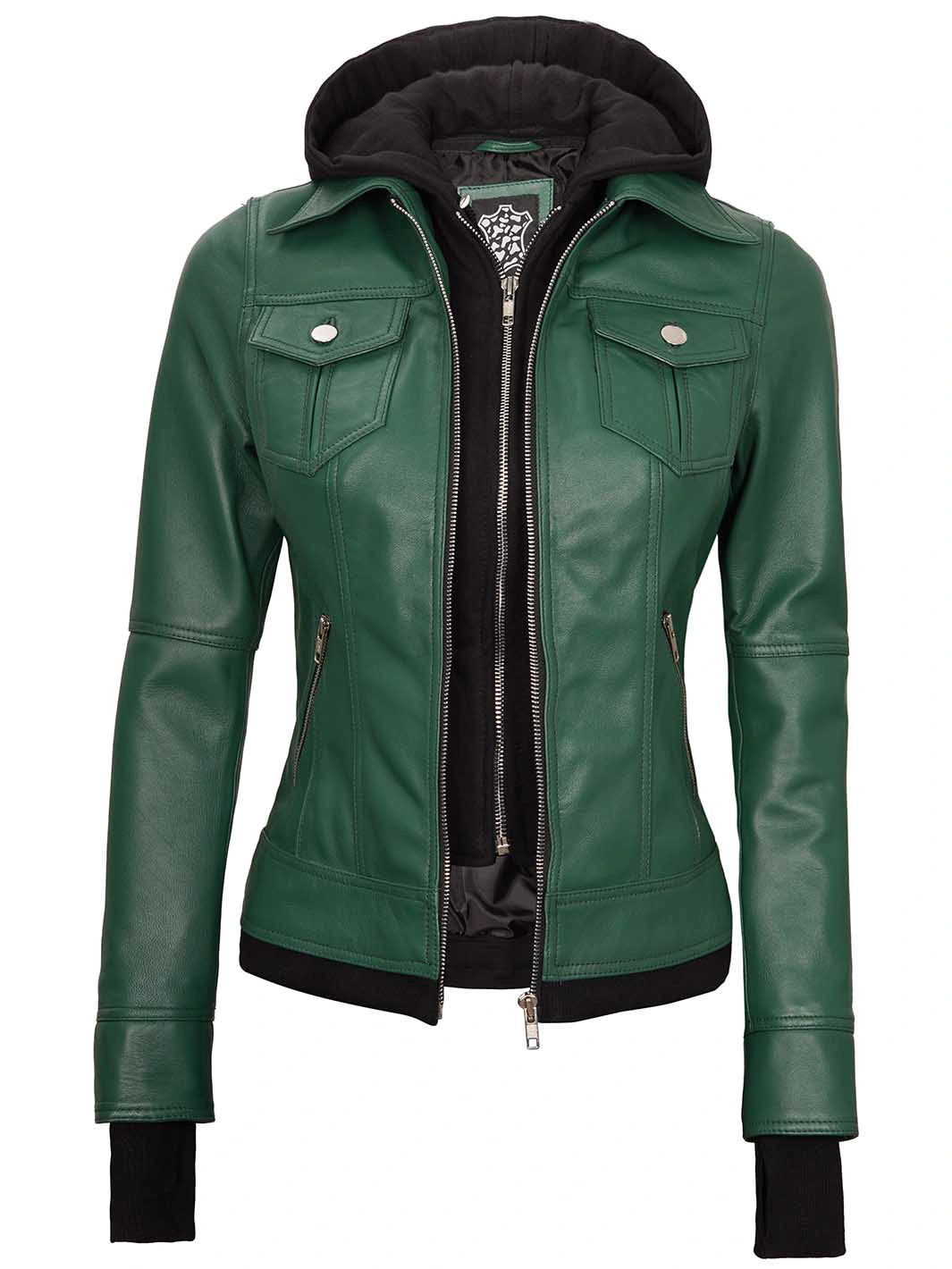 women real leather jacket hooded