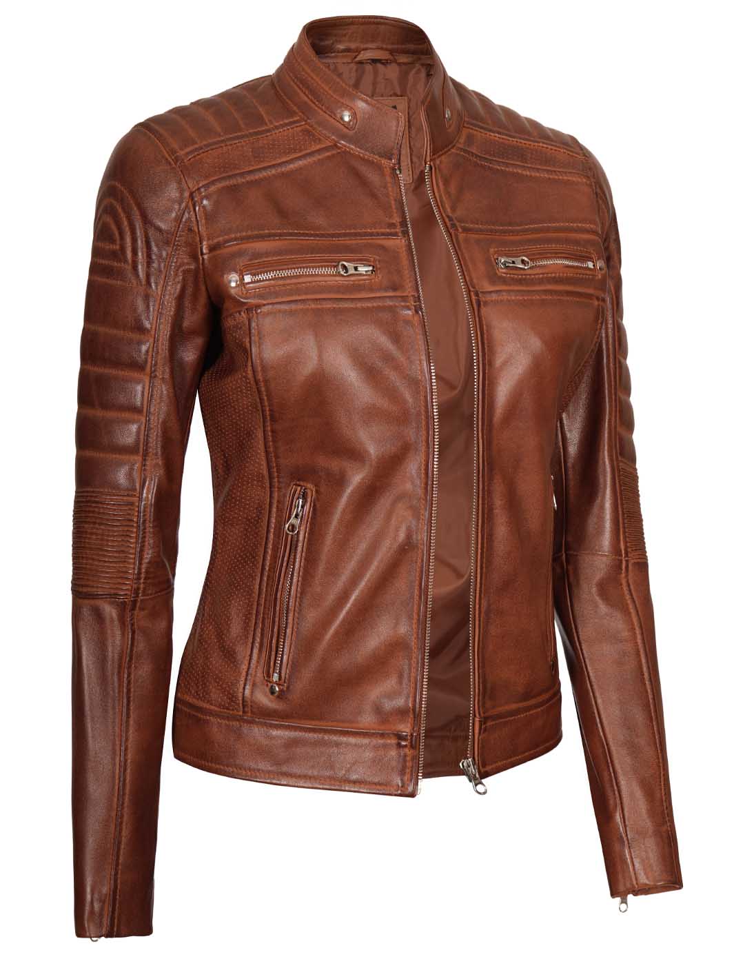 Women Cognac Wax Leather Jacket