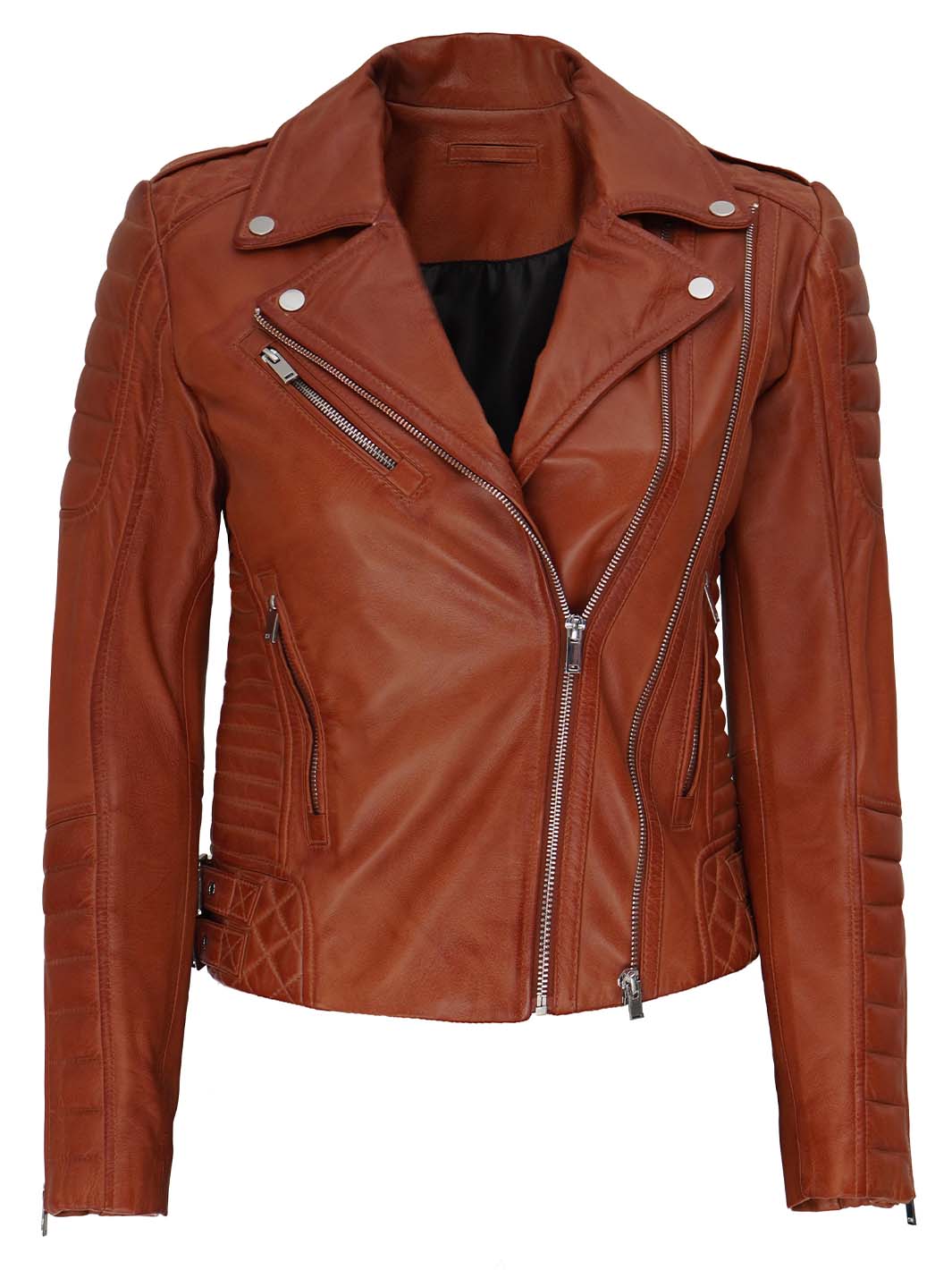 Lucillie Women's Tan Asymmetrical Cafe Racer Leather Jacket