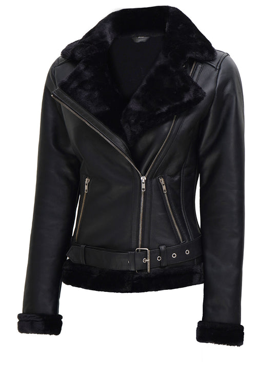 Agnes Women's Black Shearling Real Lambskin Leather Jacket – Decrum