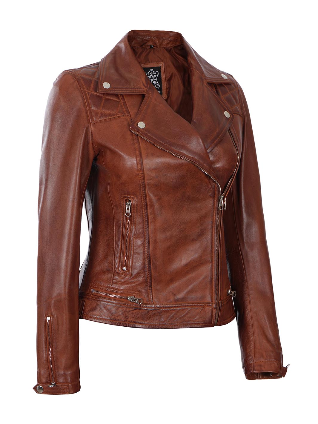 Asymmetrical Women Cognac Leather Jacket