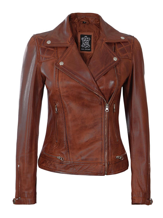 Asti Asymmetrical Women Cognac Quilted Leather Jacket