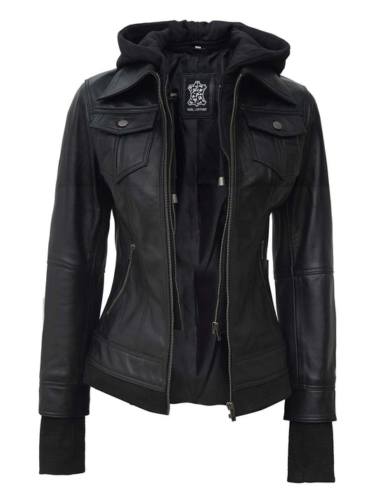 Women Hooded Leather jacket 