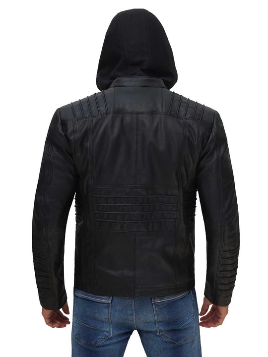 Black Cafe Racer Leather Jacket With Removable Hood