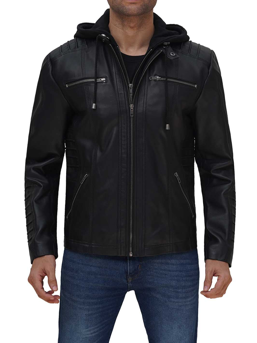 Black Cafe Racer Leather Jacket With Removable Hood