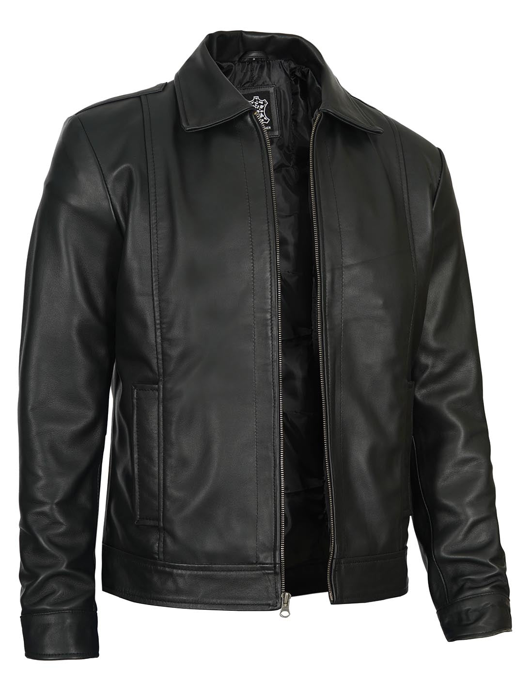 Mens Harrington Black Leather Jacket - Moto Jacket – Decrum