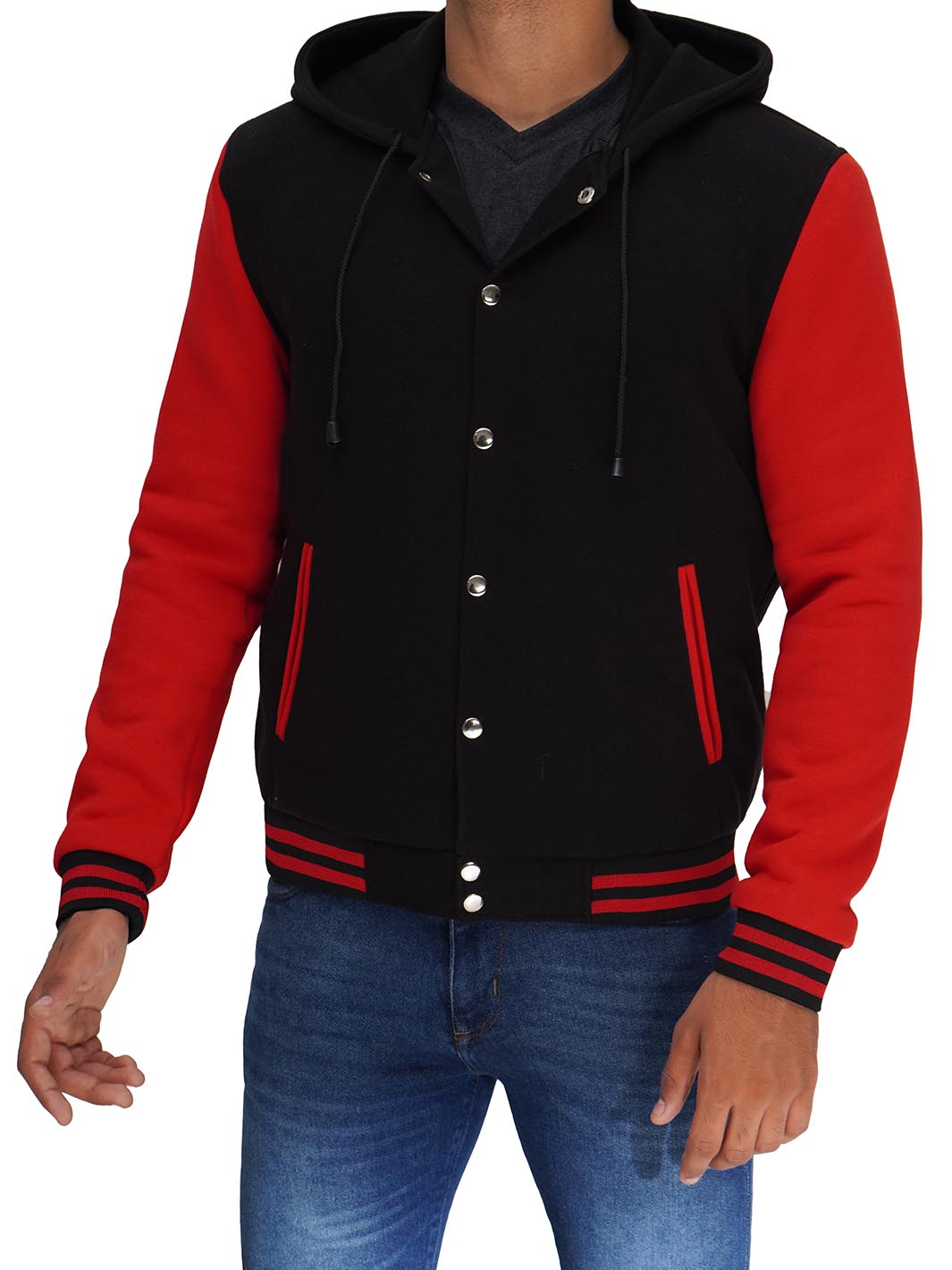 Men's Red and Black Hooded Lettermen Jacket