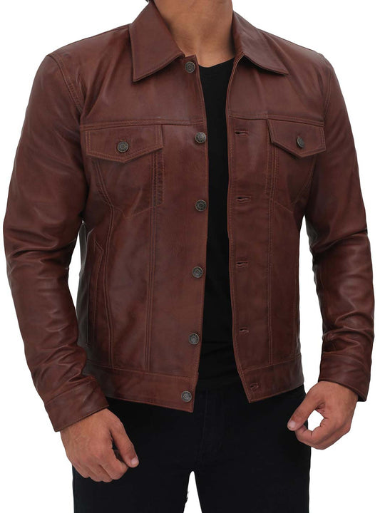 Mens dark brown Fernando Trucker Leather Jacket