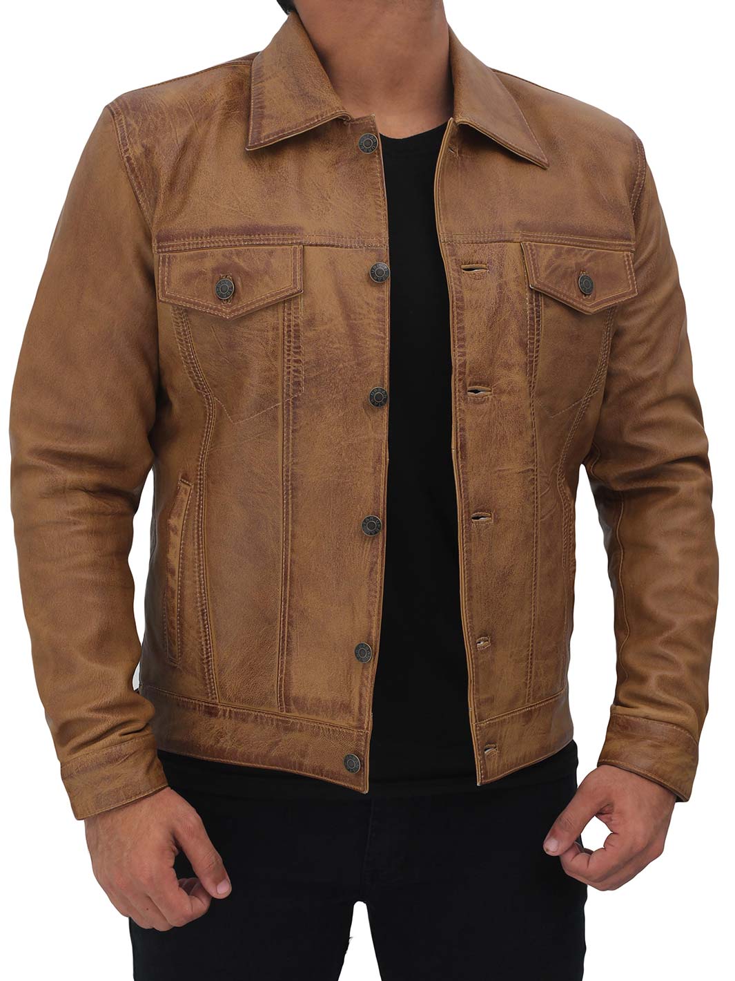 Mens Tan Fernando Trucker Leather Jacket