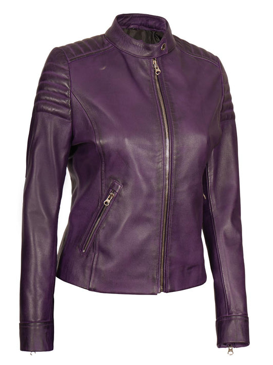 Womens Purple Real Lambskin Biker Leather Jacket