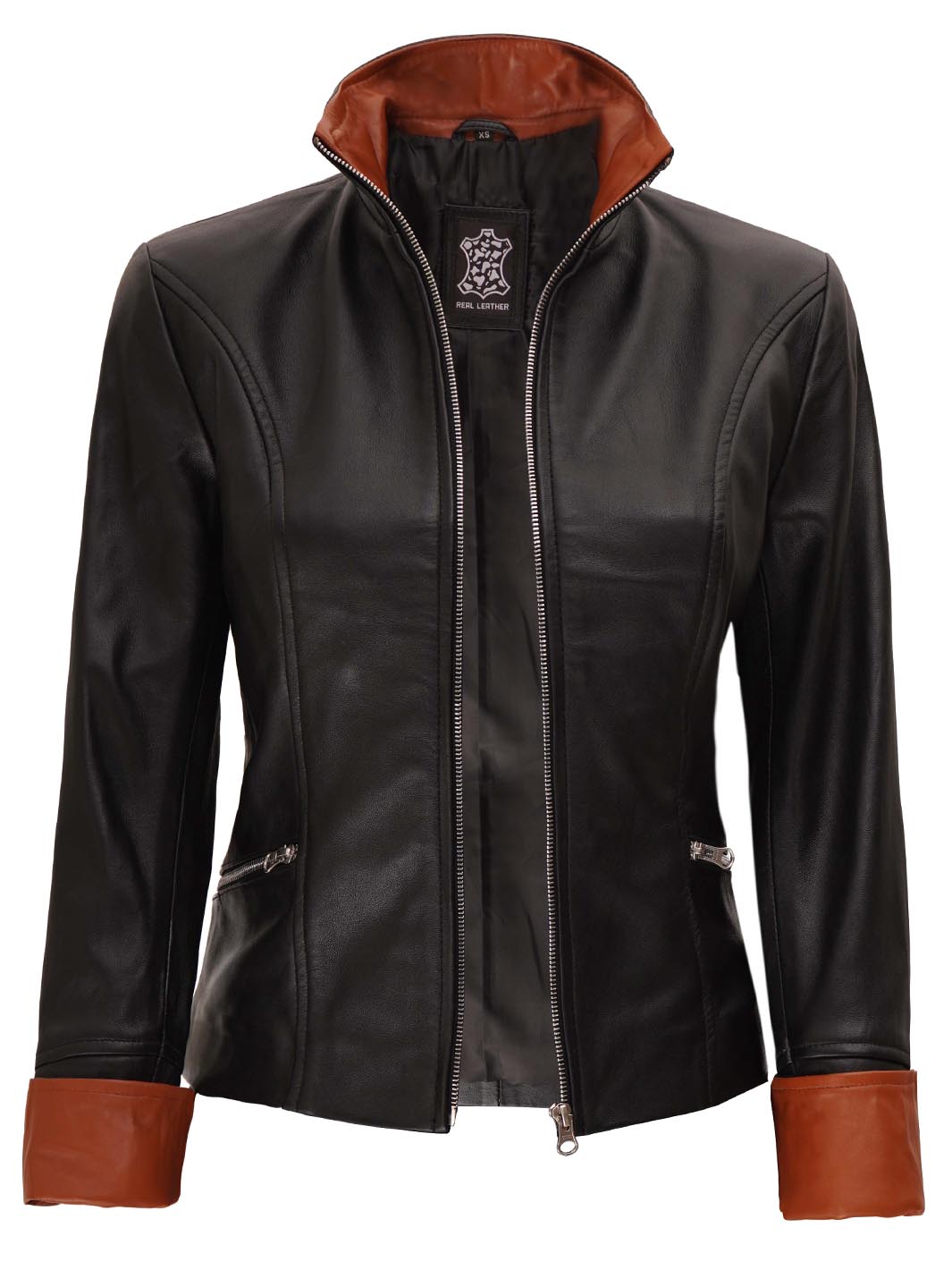 Claudia Womens Fitted Black And Brown Leather Jacket 