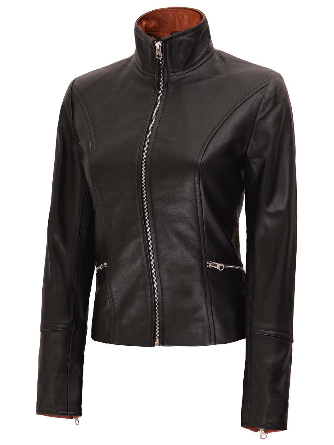 Womens Fitted Black And Brown Leather Jacket 