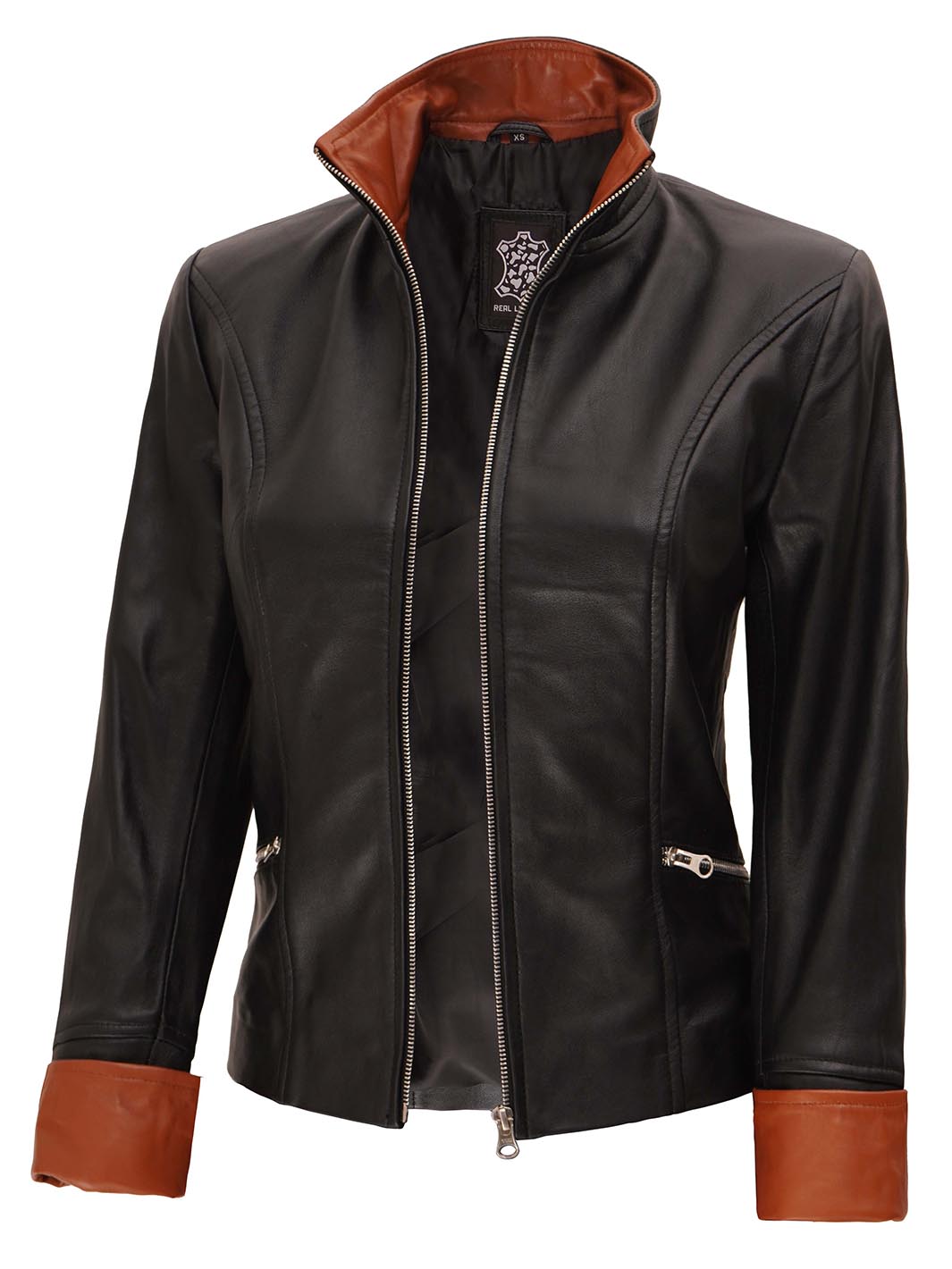 Claudia Womens Fitted Black And Brown Leather Jacket 