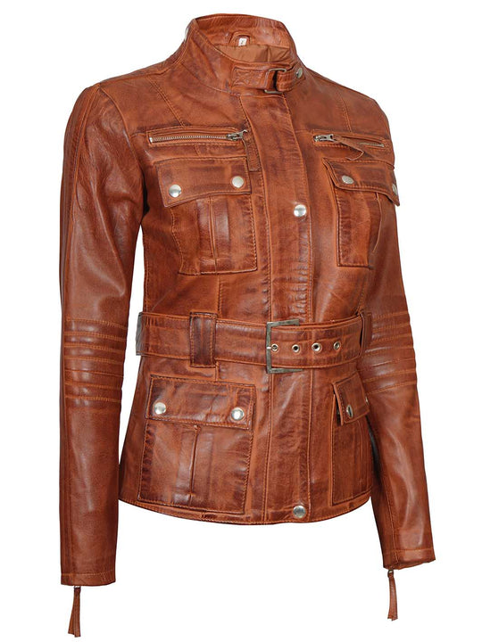 Womens Cognac Four Pockets Leather Jacket