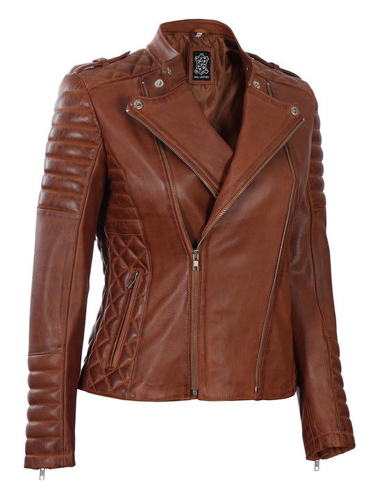 Women Cognac Wax Quilted Leather Jacket