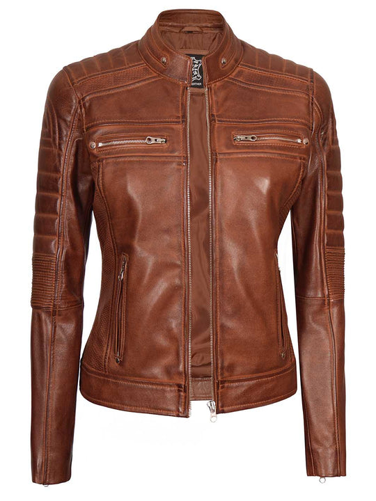 Cognac Wax Women Leather Jacket 