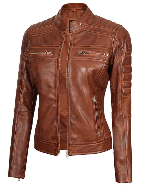 Cafe racer Cognac Leather Jacket for Women