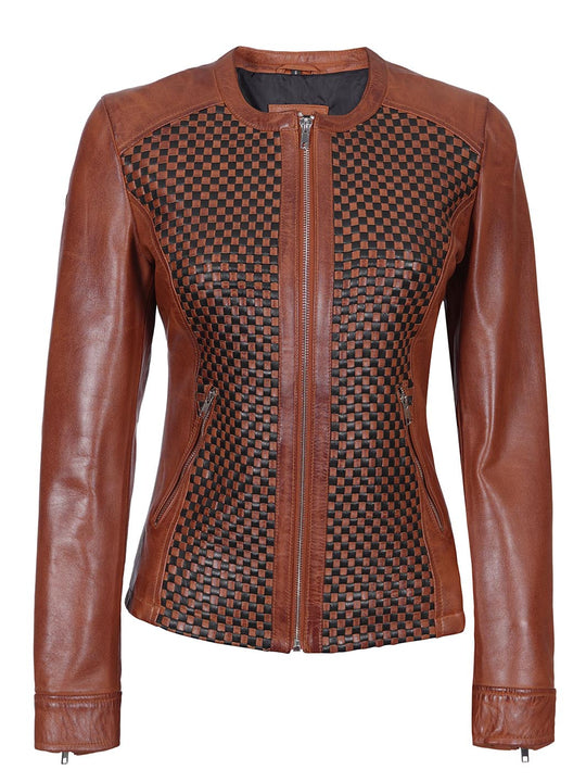 Maude Women Cognac Textured Leather Biker Jacket