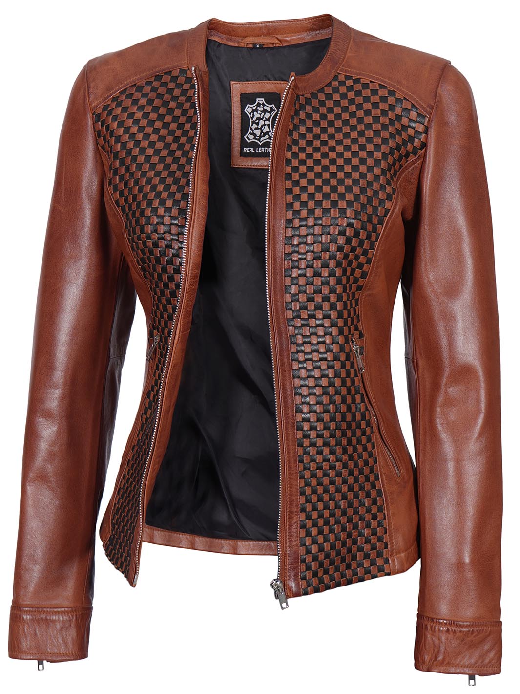 Maude Women Cognac Textured Leather Biker Jacket