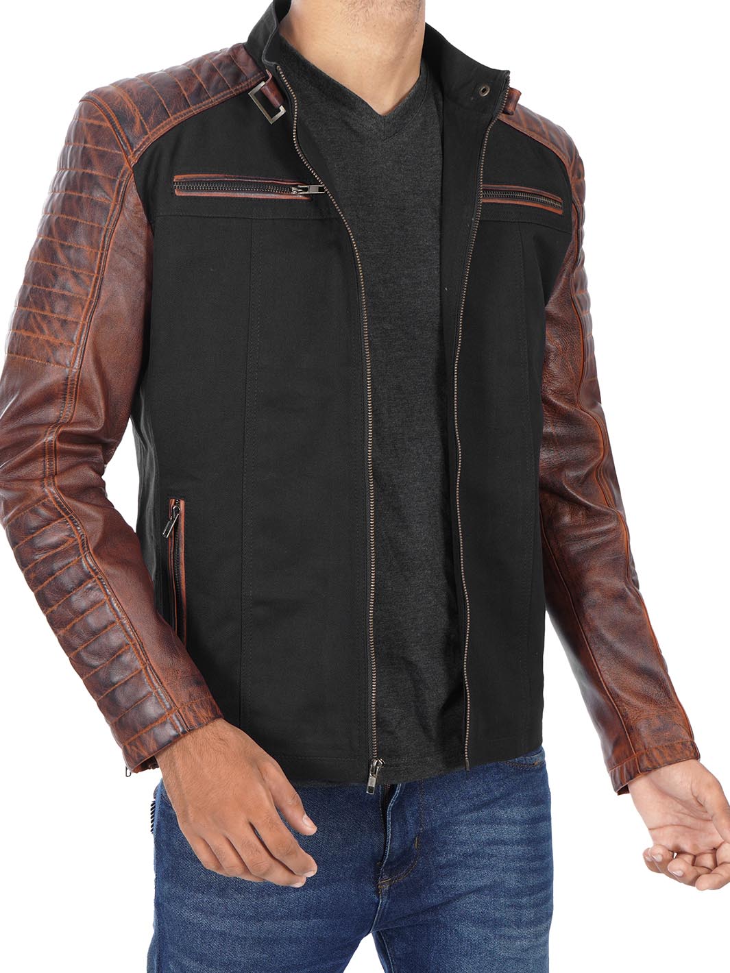 Darrell Cafe Racer Mens Black and Brown Leather Jacket