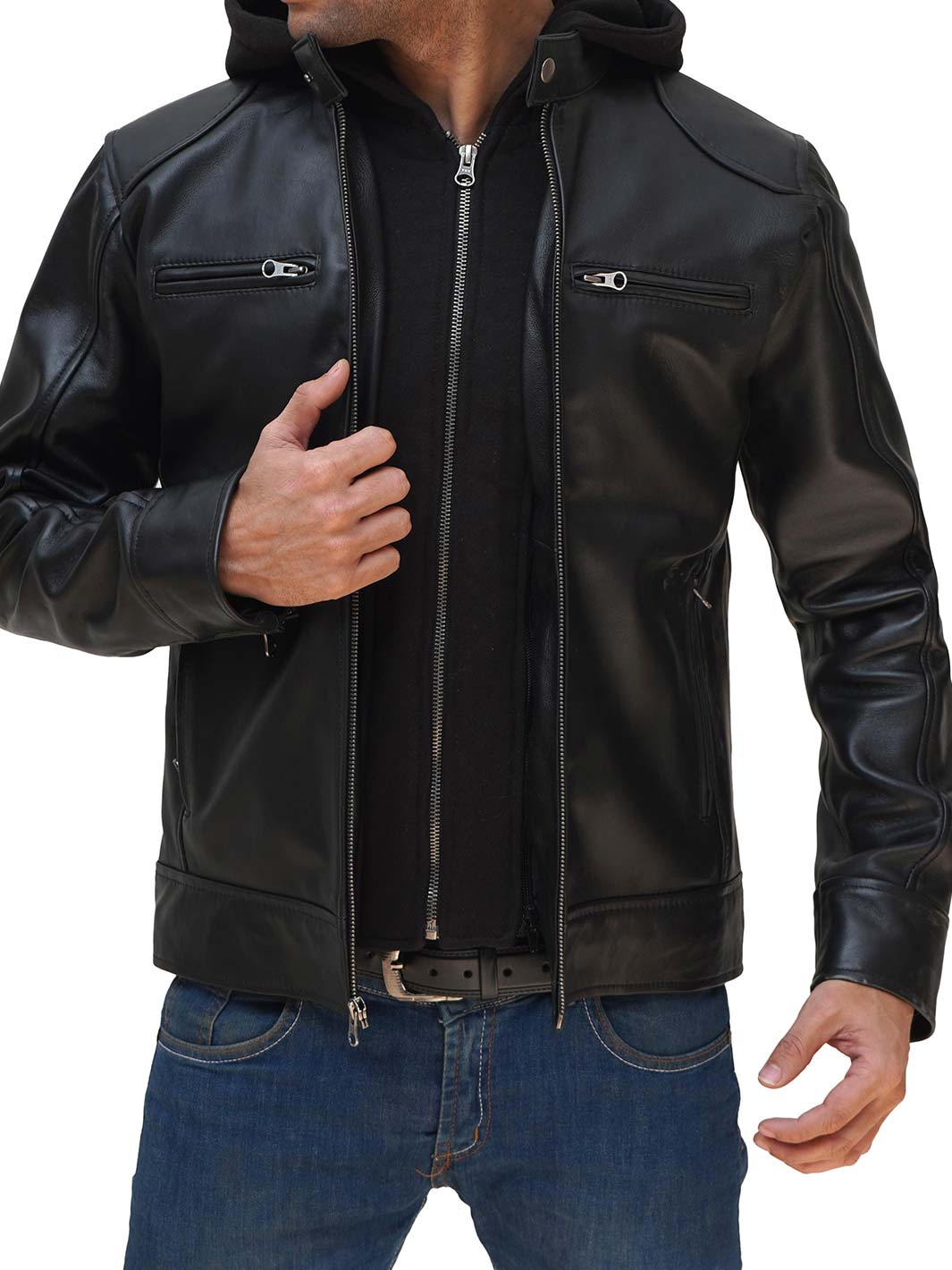 Dodge Mens Black Leather Jacket With Hood