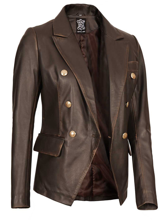 Womens Double Breated Brown Leather Blazer