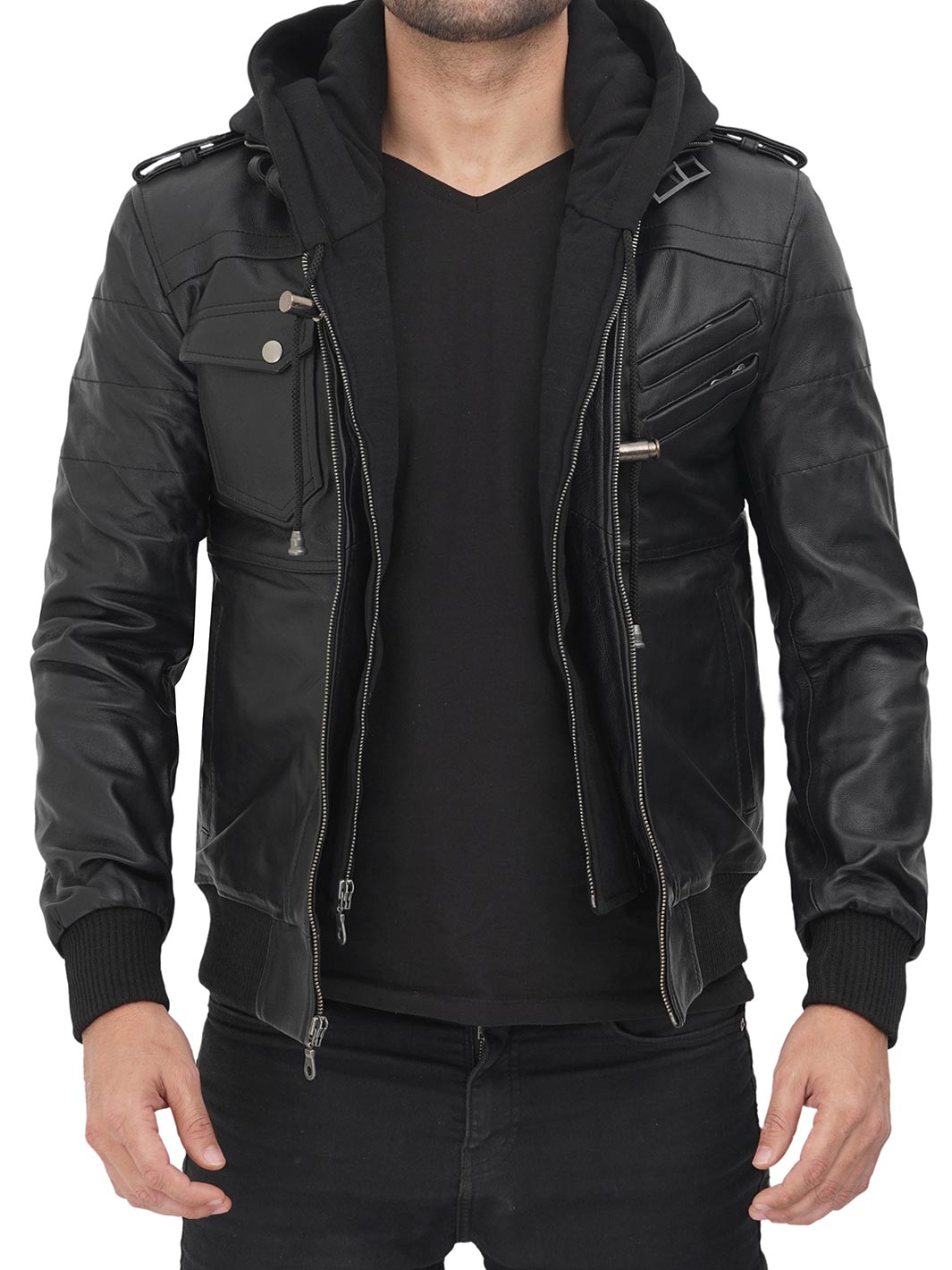 leather jacket with hood