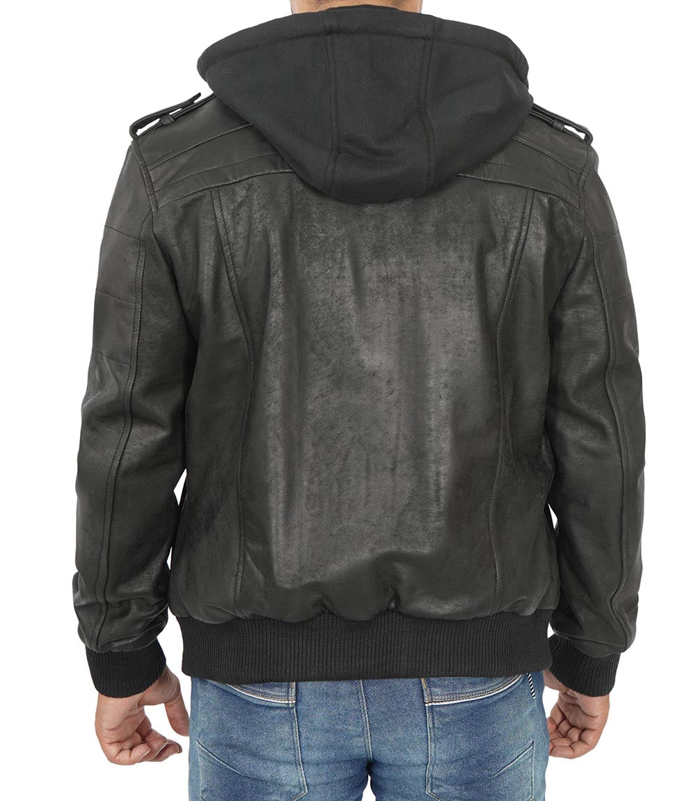 Mens Black Snuff Leather Jacket With Removable Hood