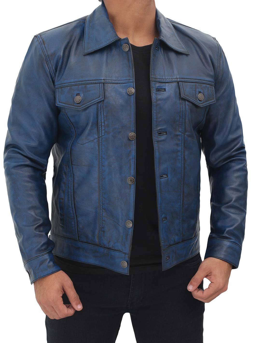 mens blue Fernando Trucker Leather Jacket