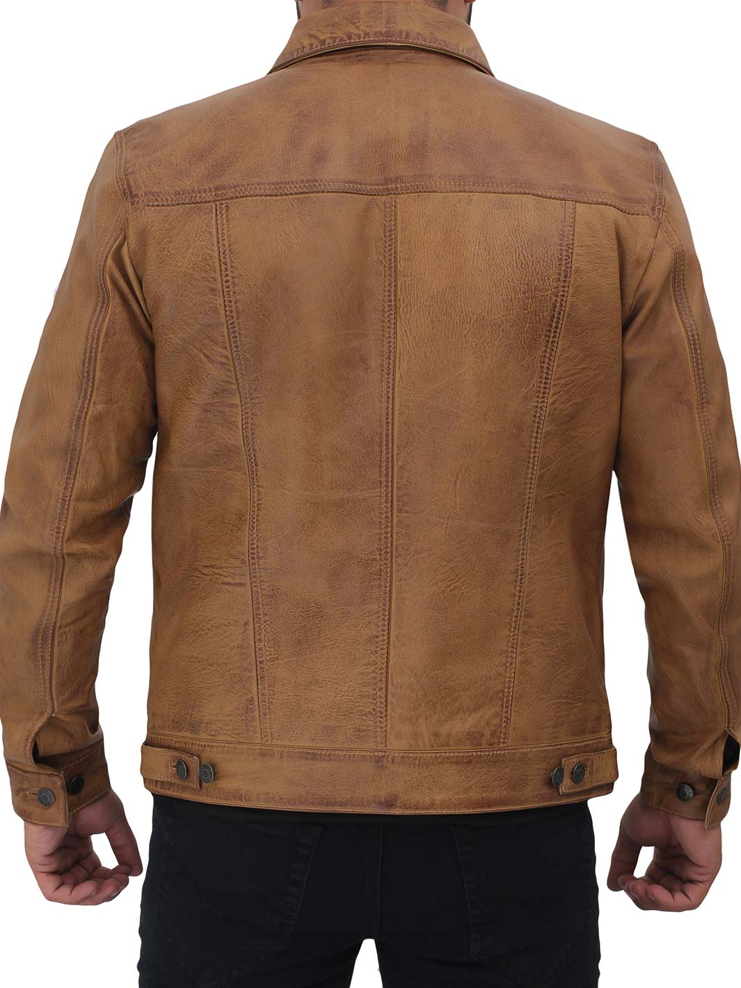 Men's Camel Brown Leather Trucker Jacket | Classic & Rugged – Decrum