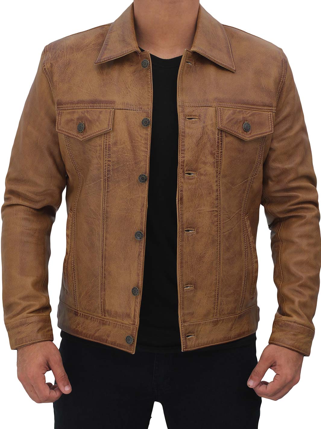 mens Tan Fernando Trucker Leather Jacket