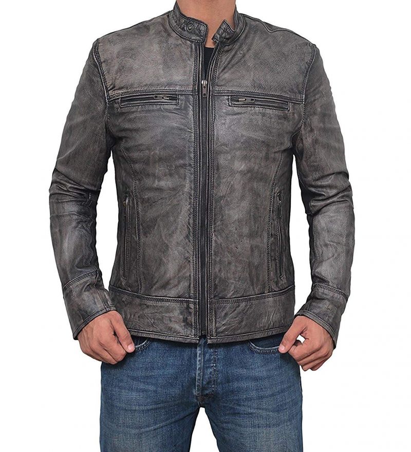 Garcia Men's Distressed Grey Café Racer Leather Jacket