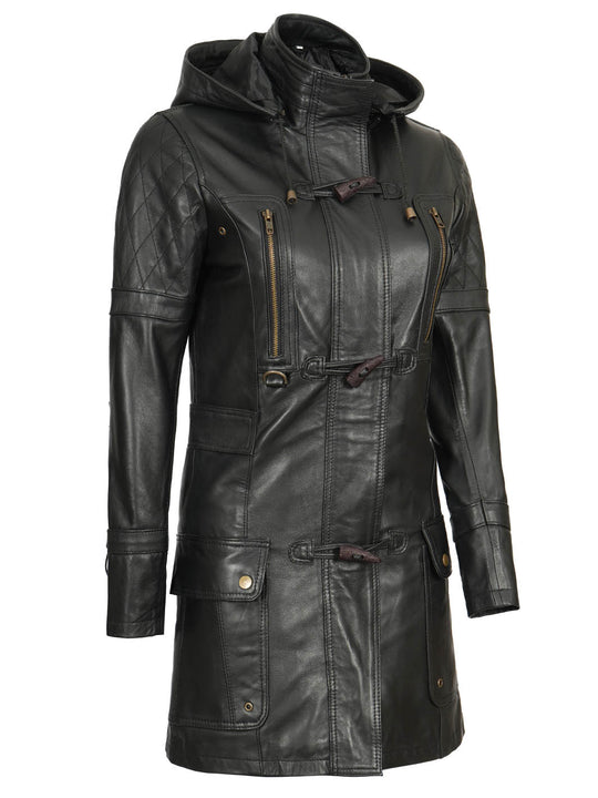 Womens Hooded Leather Coat