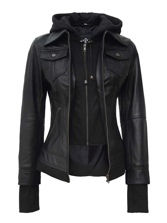 black leather jacket with hood womens