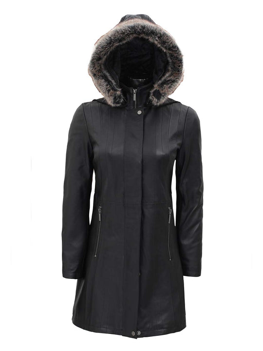 Womens Leather Coat with removeable shearling hood 