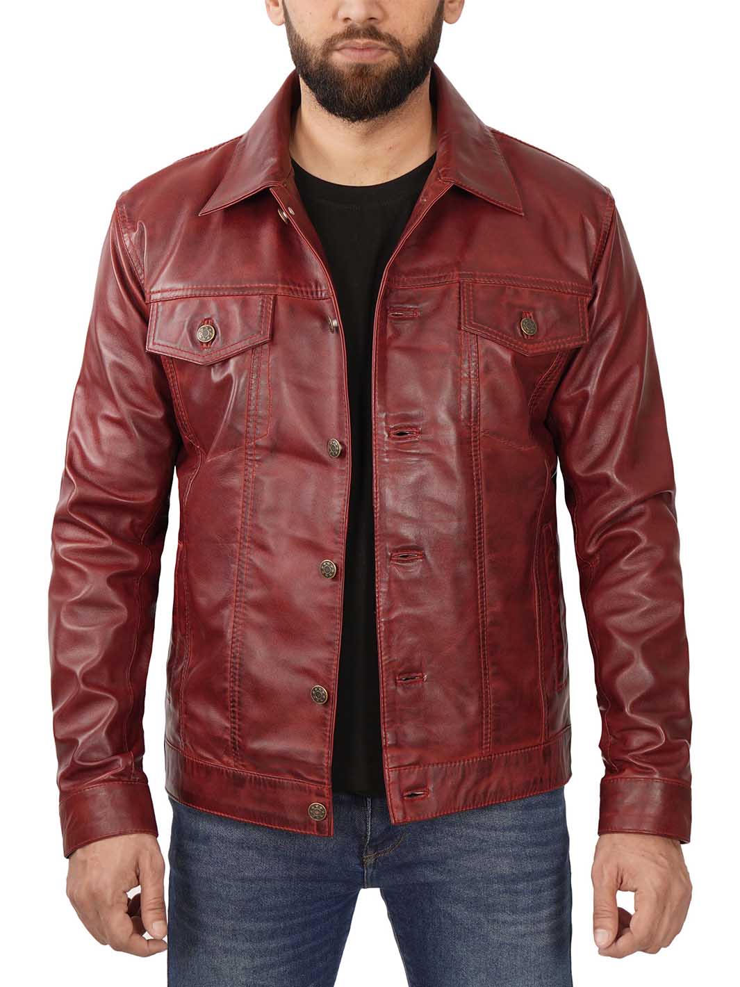 Maroon Trucker Leather Jacket