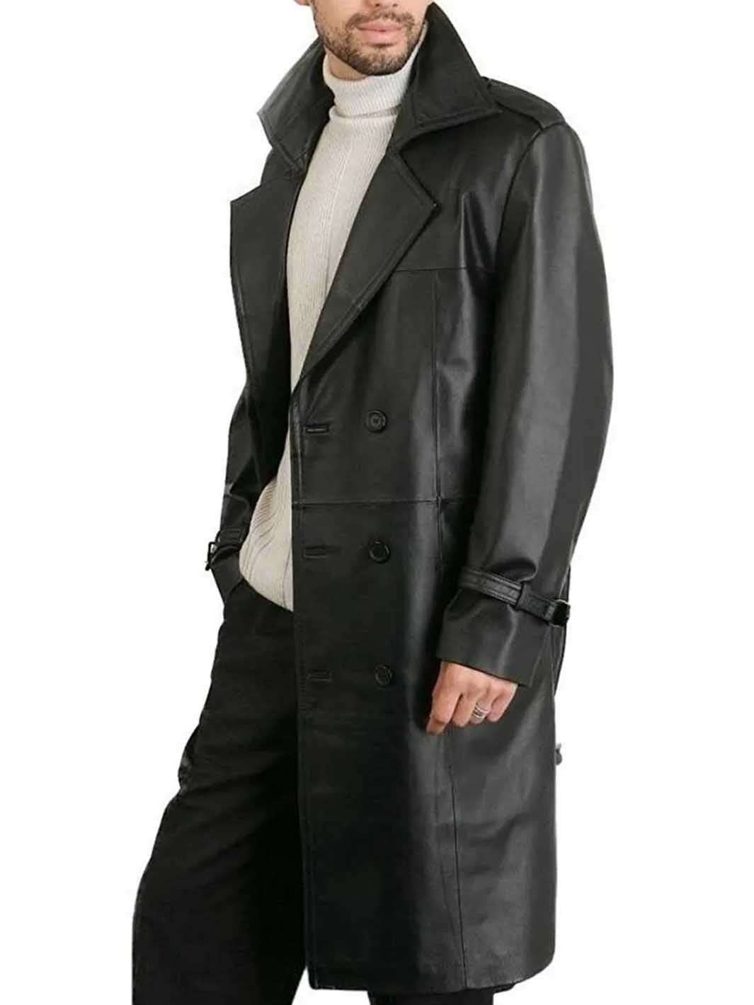 Mens Black Duster Overcoat Jacket with Real Leather