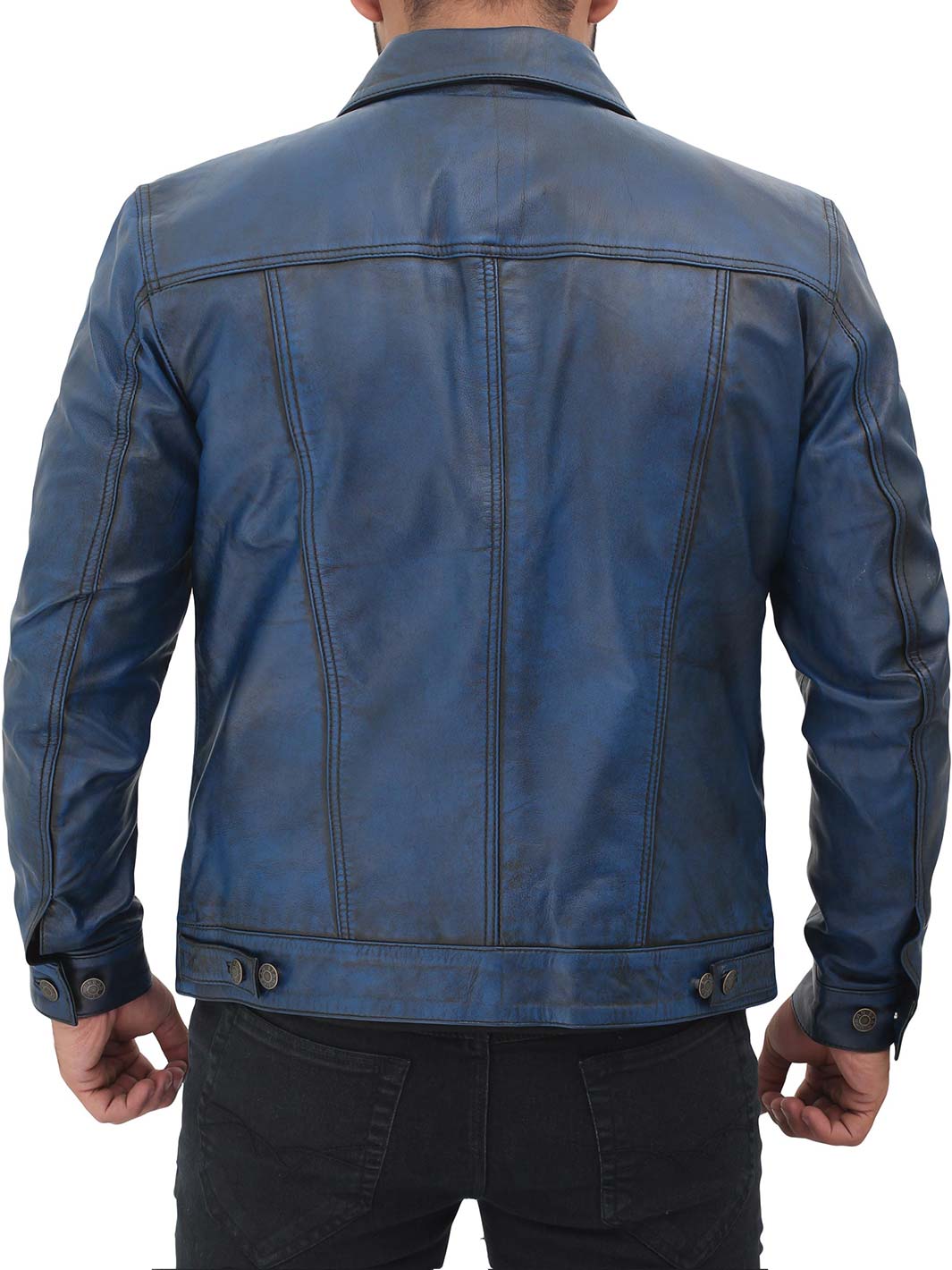 mens Blue Fernando Trucker Leather Jacket