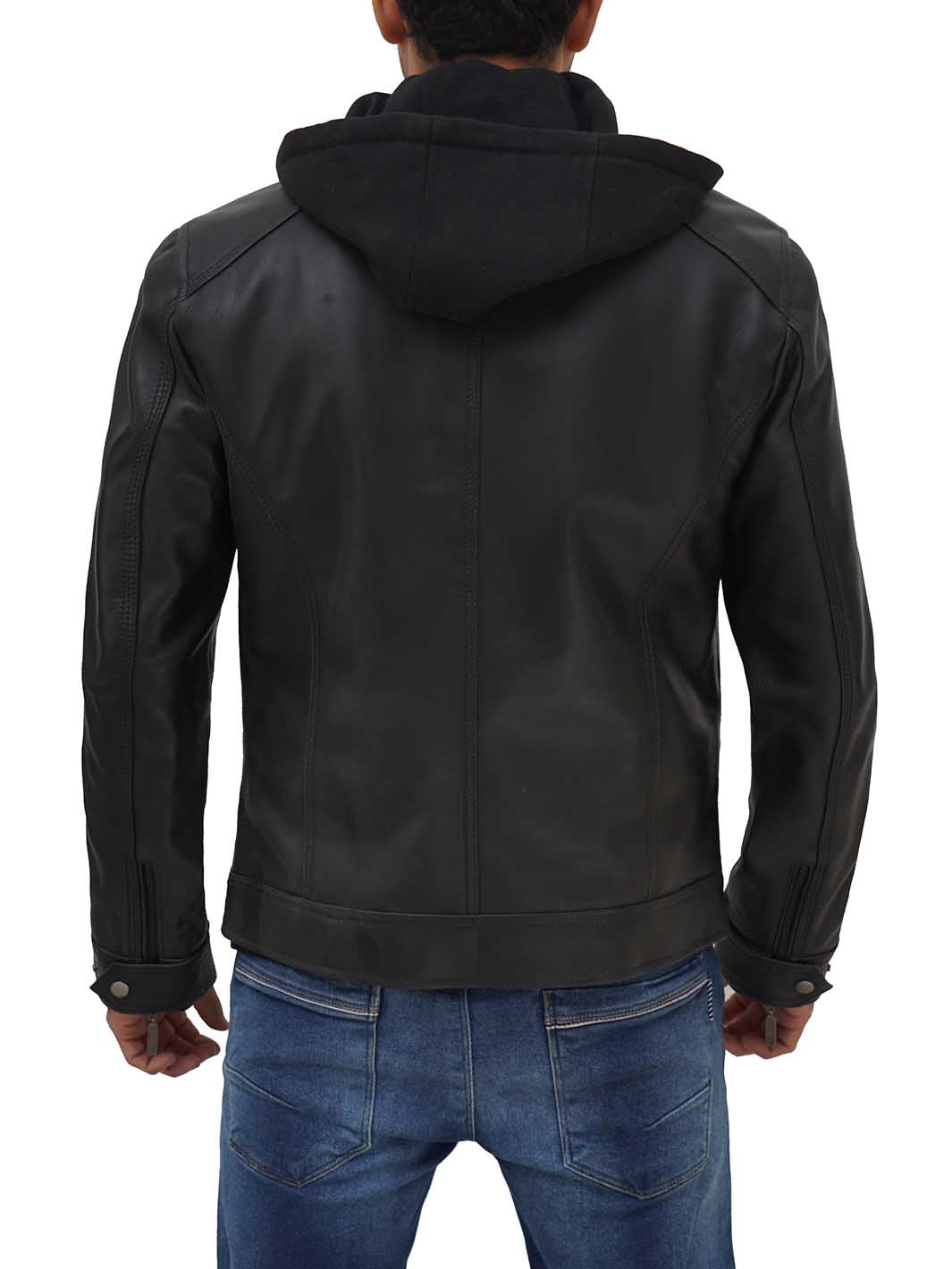 Mens Black Biker Leather Jacket with hood