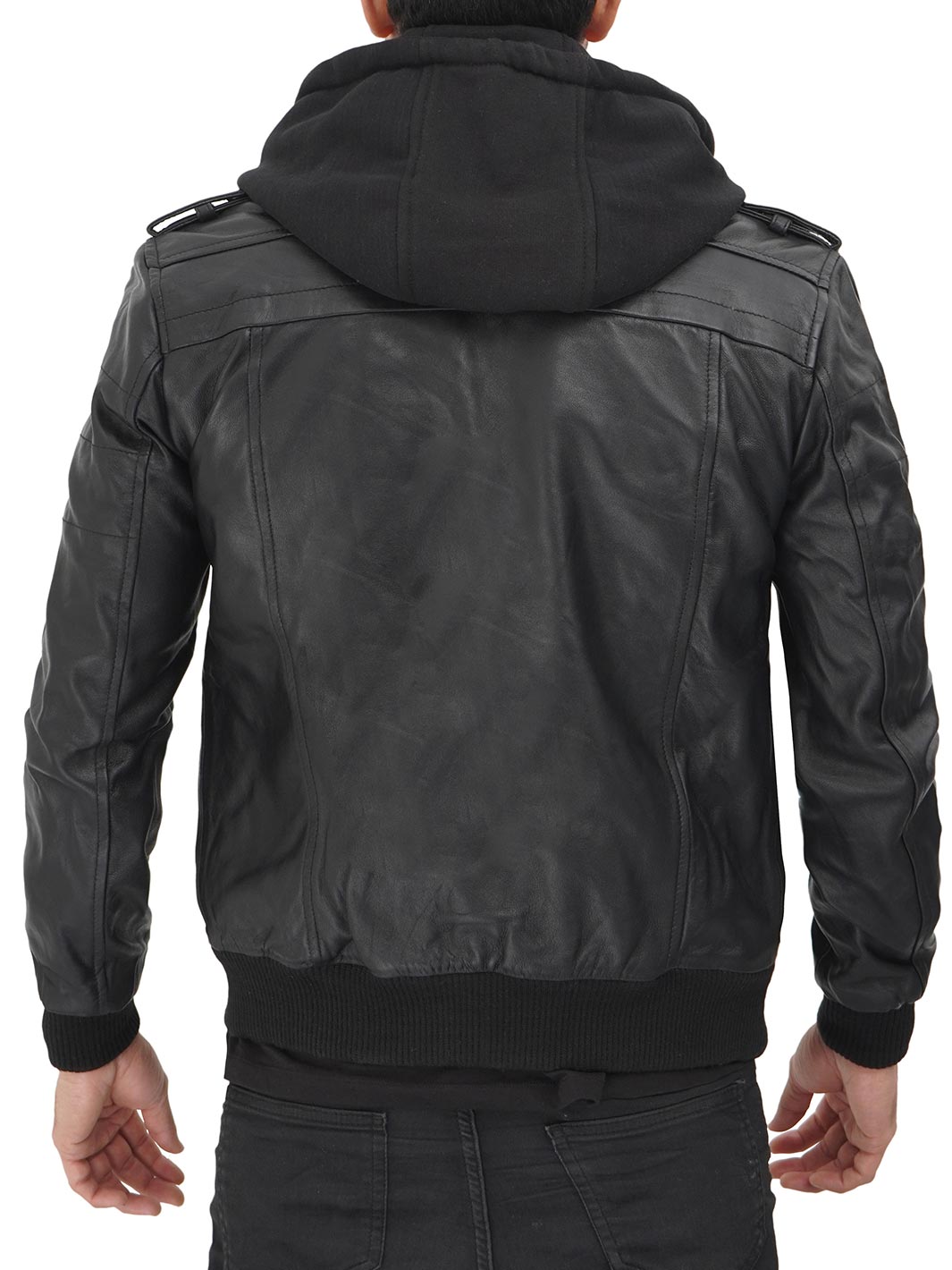Mens Black Bomber Leather Jacket With Removable Hood – Decrum