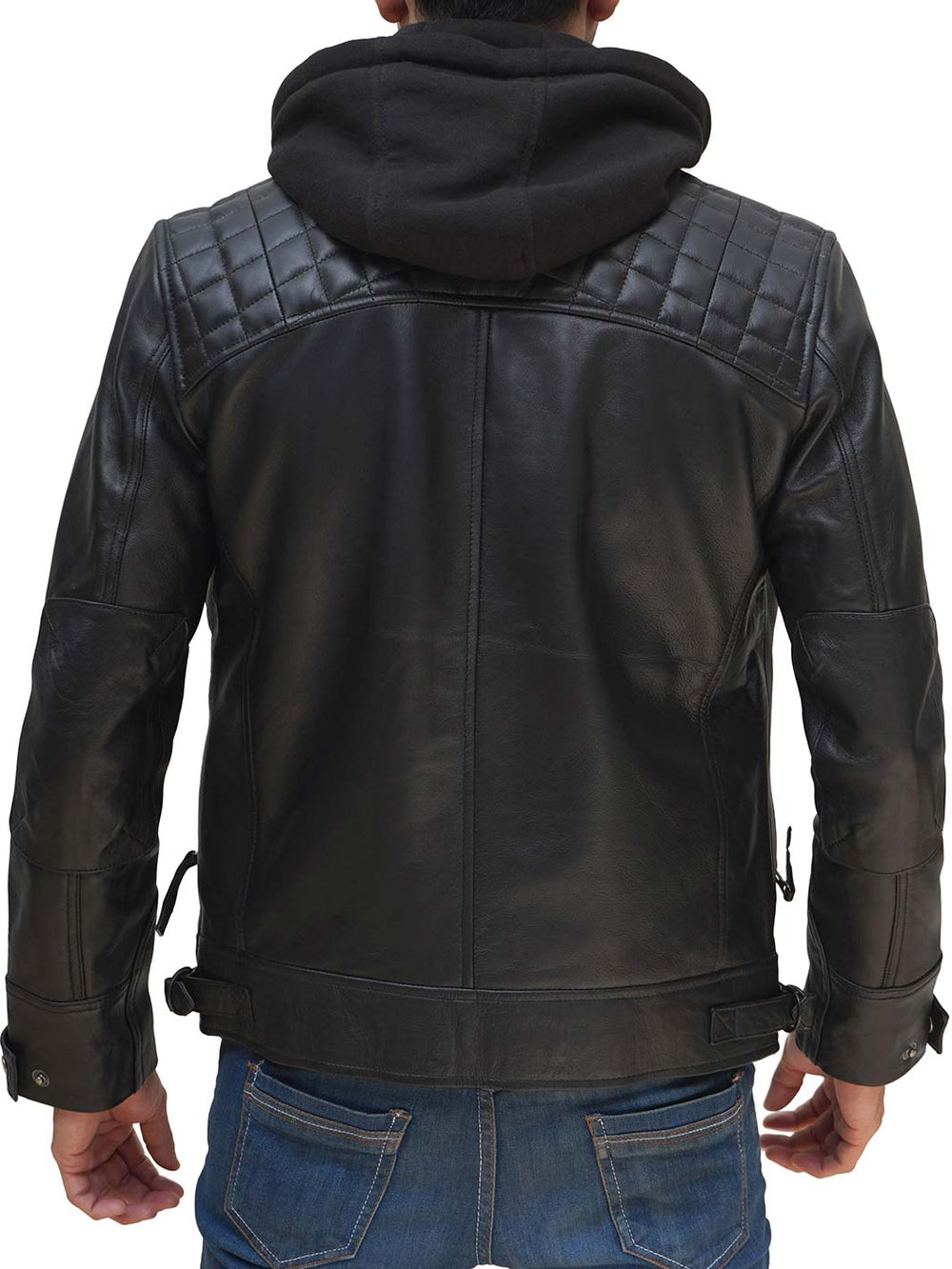 Mens Black Leather Jacket with Removable Hood