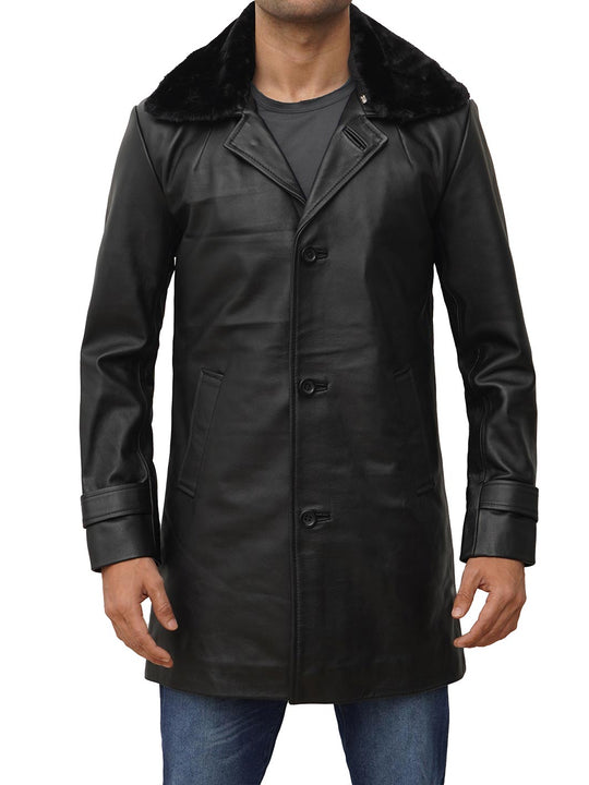Mens leather coat with shearling Collar