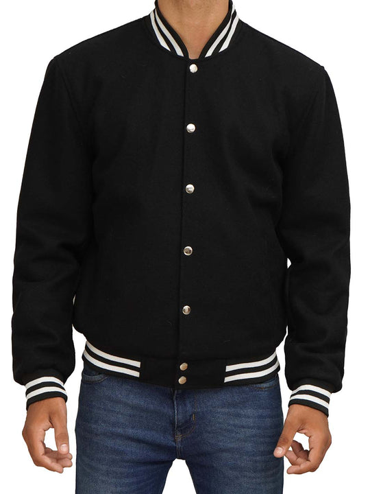 Mens Black Wool Letterman Jacket