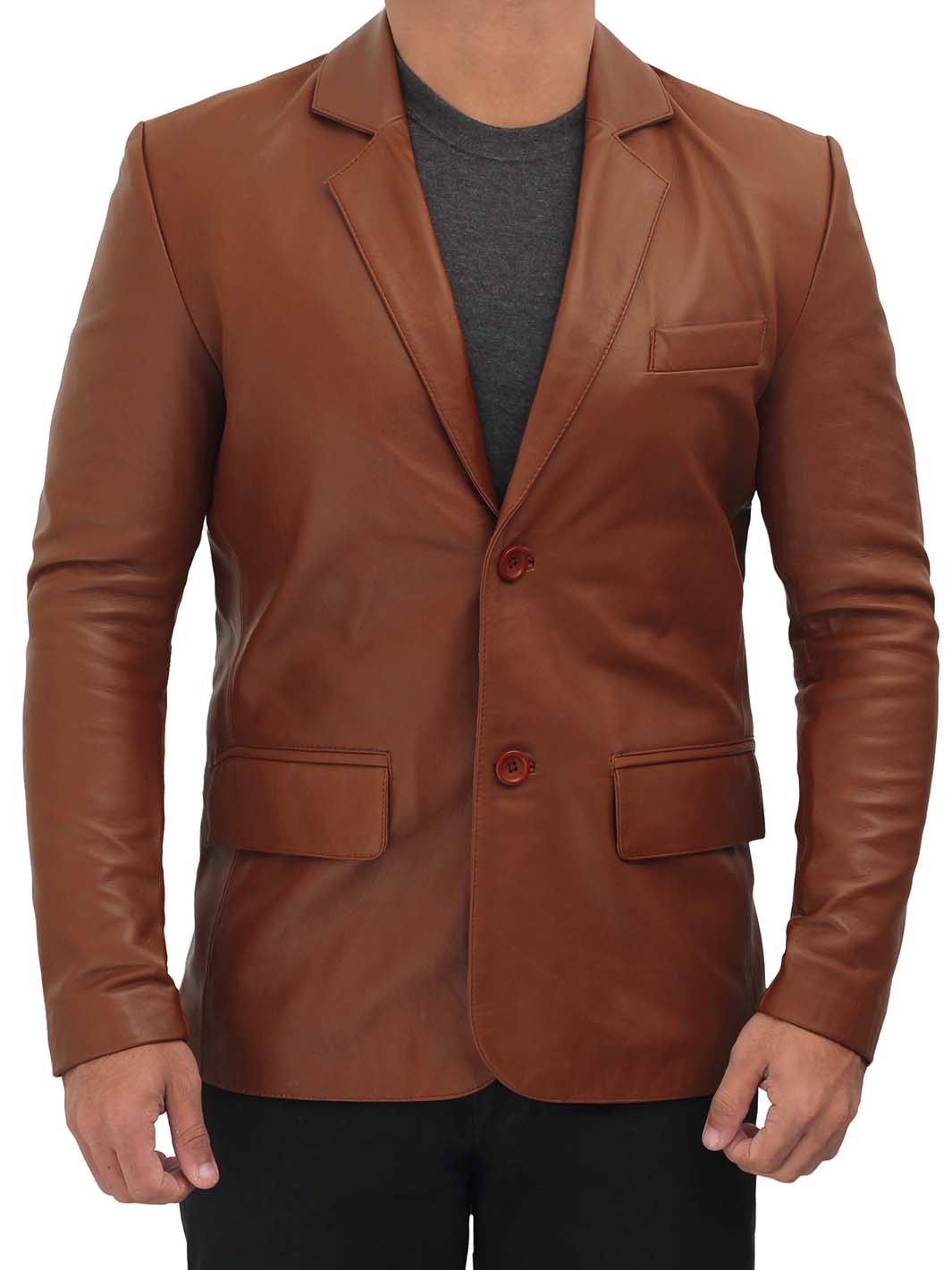 Mens Brown two buttons Blazer Leather Coat