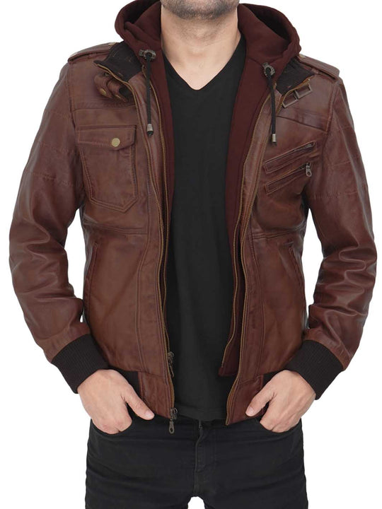 Edinburgh Men's Bomber Dark Brown Removable Hooded Leather Jacket