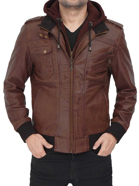 Edinburgh Men's Bomber Dark Brown Removable Hooded Leather Jacket