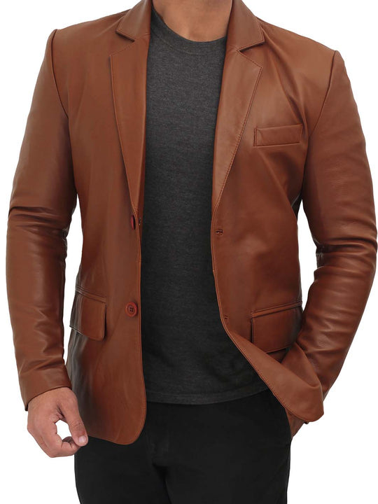 Mens Brown two buttons Blazer Leather Coat